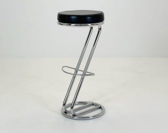 Taburete de bar de cuero y cromo de estilo moderno de mediados de siglo, década de 1980, Italia