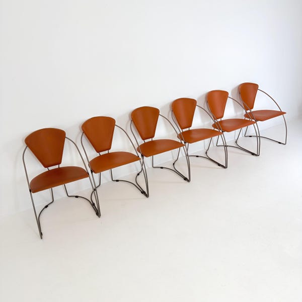 Set of 6 Vintage Interio Croma Tubular Steel Dining Chairs in Brown Natural Leather – Mid Century Modern Chrome Dining Chairs – Germany 1980