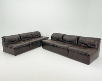 Set of 6 Mid Century DS11 Modular Patchwork chocolate brown Leather Sofa by De Sede, Switzerland, 1970s