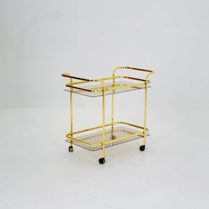 Hollywood Regency Martini Wijnbar/Theewagen Goud/Messing Glas Vintage barwagen jaren 1950