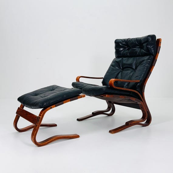 Mid Century Danish Black Leather Skyline Lounge Chair and Ottoman