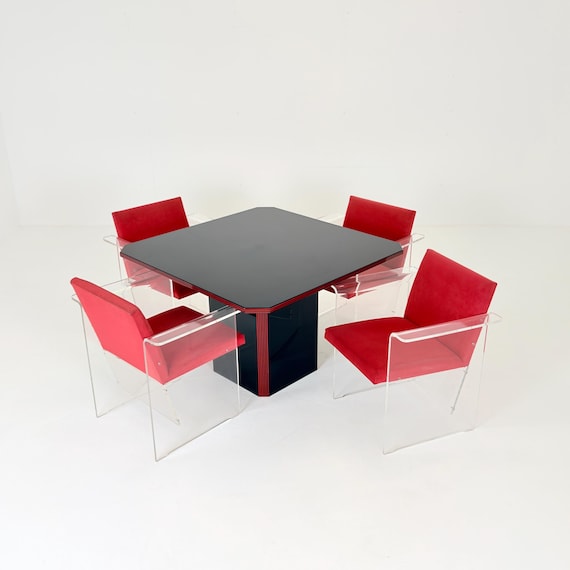 Rare Italian Postmodern Dining Set – Table & 4 Plexiglass Armchairs Italy 1980s