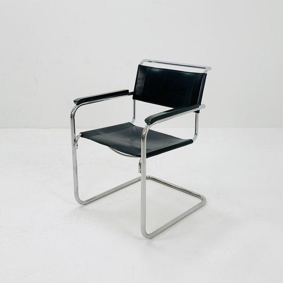 Mid Century Bauhaus Black Leather Iconic S34 Armchair by Mart Stam