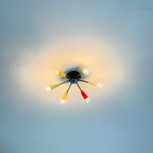 Mid century sputnikceiling lamp with 6 colored arms 1950s Bild 9