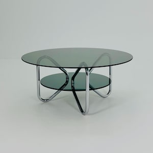 Mid century tubule chrome and smoked glass coffee table , Italy 1980s