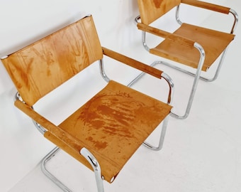 ensemble de deux chaises de bureau originales Bauhaus cognac par Mart Stam et Marcel Breuer pour Fasem Italie années 1980