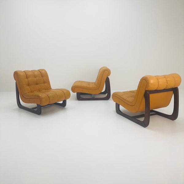 1 of 3 Mid century lounge chair made of solid wood and leather, Finland 1960s