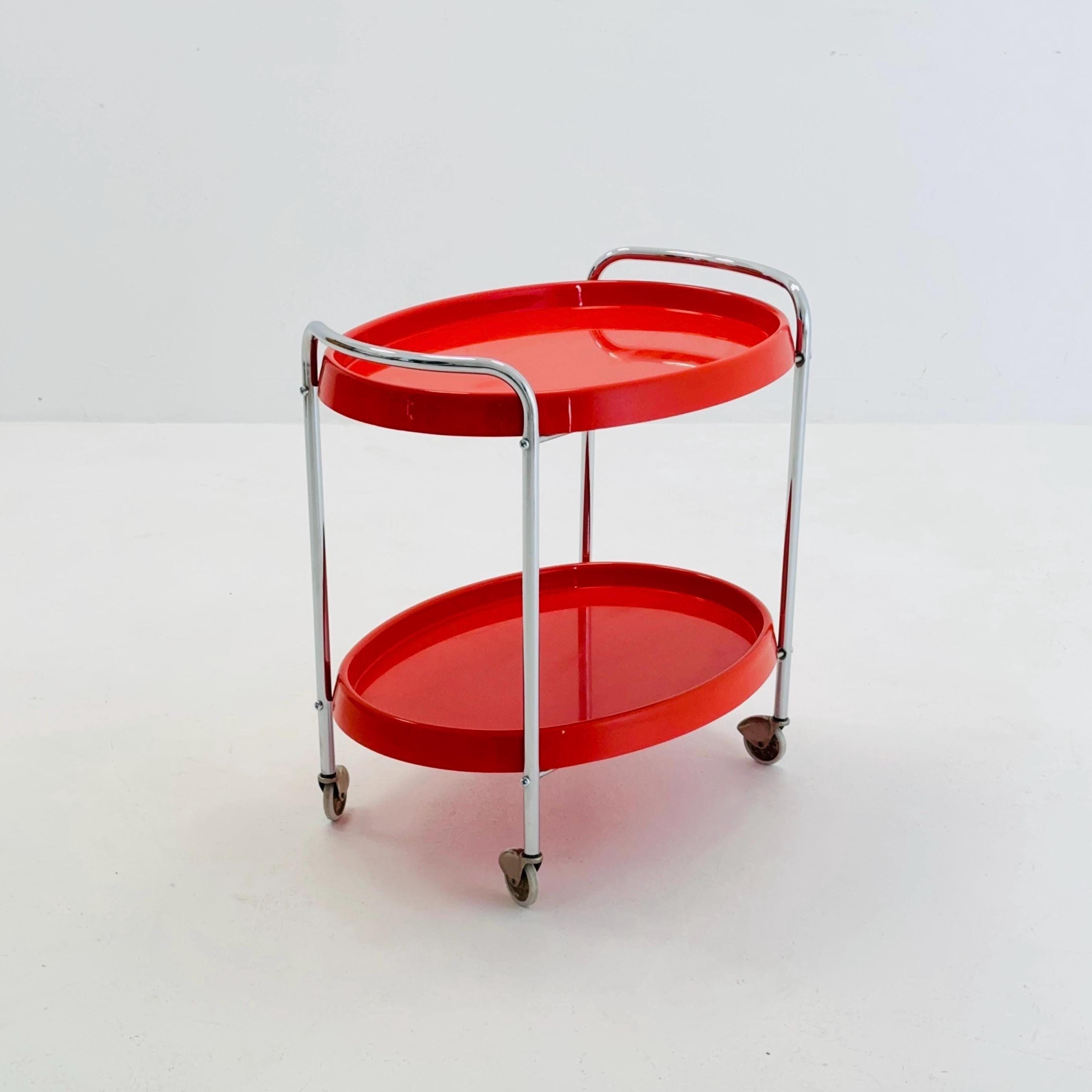 Space Age Oval Vintage Red Plastic Chrome Bar Cart/trolley 1970s