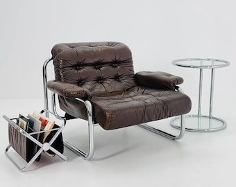 Mid century Tiblar frame brown leather armchair "BORKUM" by Johan Bertil Häggström, from Ikea 1970s