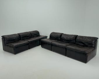 Set of 6 Mid Century DS11 Modular Patchwork chocolate brown Leather Sofa by De Sede, Switzerland, 1970s