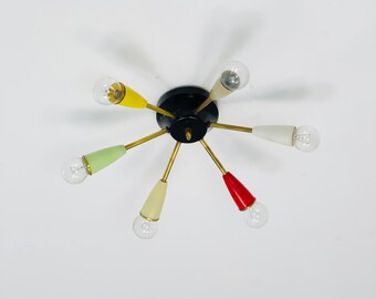 Mid century “sputnik”ceiling lamp with 6 colored arms  1950s