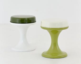 Conjunto de 2 banquetas Emsa Tulip estilo era espacial de meados do século XX, verde-oliva e branco – Alemanha Ocidental 197