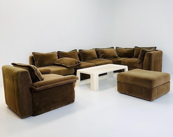 Mid Century Modern Rolf Benz Modular Sofa Set, Brown Velvet Sectional, 7 Elements, Germany 1970s,