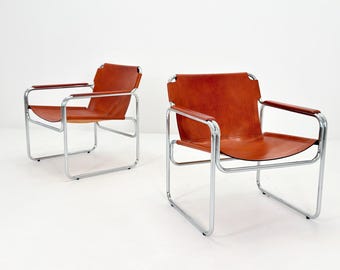Set of 2 Mid-Century Italian Leather & Chrome Lounge Armchairs – Jox Interni, 1970s
