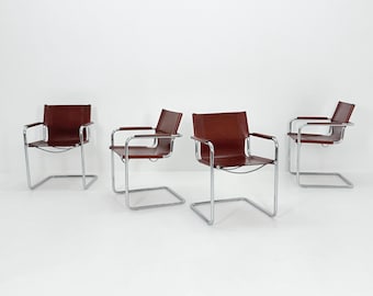 Set of 4 Matteo Grassi original Bauhaus design Visitor model armchairs dark cognac Leather Italy 1970s