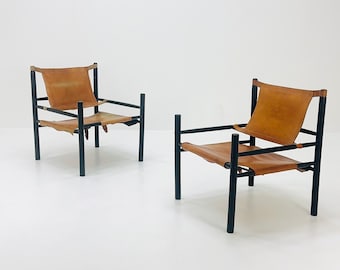 ヴィンテージレザーバタフライチェア、鉄製折りたたみフレーム付き