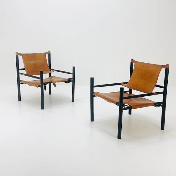 Mid Century Sling Safari Chair Set by Abel Gonzalez Cognac Leather