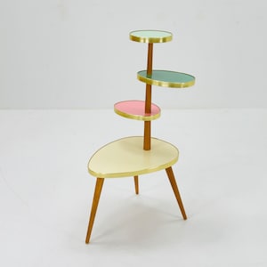 Può includere: Un portavasi moderno di metà secolo con quattro livelli. Il portavasi è in legno e ha una finitura marrone chiaro. Il livello superiore è un cerchio verde chiaro, il secondo livello è un cerchio rosa, il terzo livello è un cerchio blu chiaro e il livello inferiore è una grande piattaforma ovale.