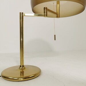 May include: A brass floor lamp with a brown glass shade. The lamp has a flexible arm and a round base.
