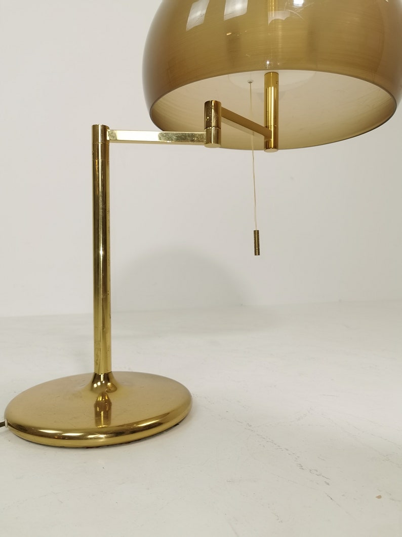 May include: A brass floor lamp with a brown glass shade. The lamp has a flexible arm and a round base.