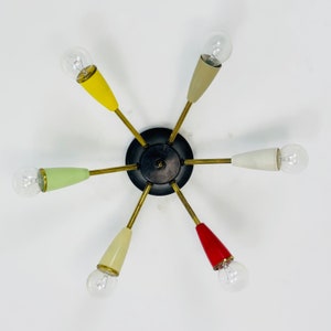 Mid century sputnikceiling lamp with 6 colored arms 1950s Bild 2