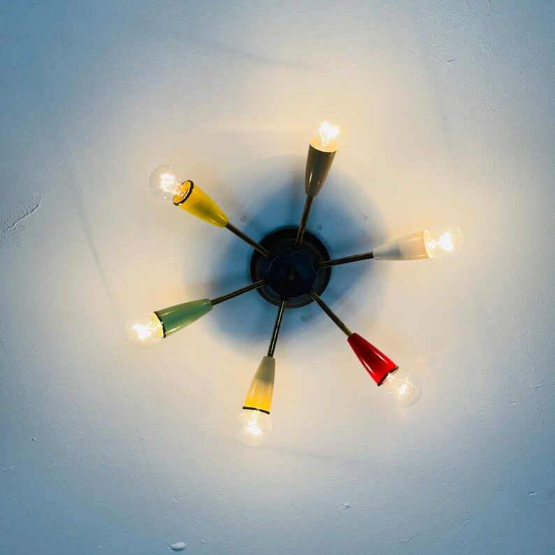 Mid century sputnikceiling lamp with 6 colored arms 1950s Bild 10