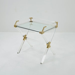 Mid century Hollywood Regency Charles Hollis Jones Large Lucite Brass Bar Table 1970s