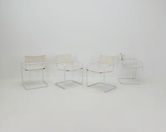 Juego de 4 sillas de comedor Bauhaus de mediados de siglo, diseñadas por Mart Stam y Marcel Breuer para Fasem Italia, década de 1980 – Edición limitada totalmente blanca con diseño voladizo.
