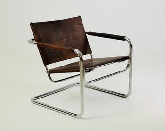 Rare Mid Century Rondo Cantilever Lounge Armchair by Heinrich Pfalzberger – Chocolate Brown Leather, Swiss Design 1960s,
