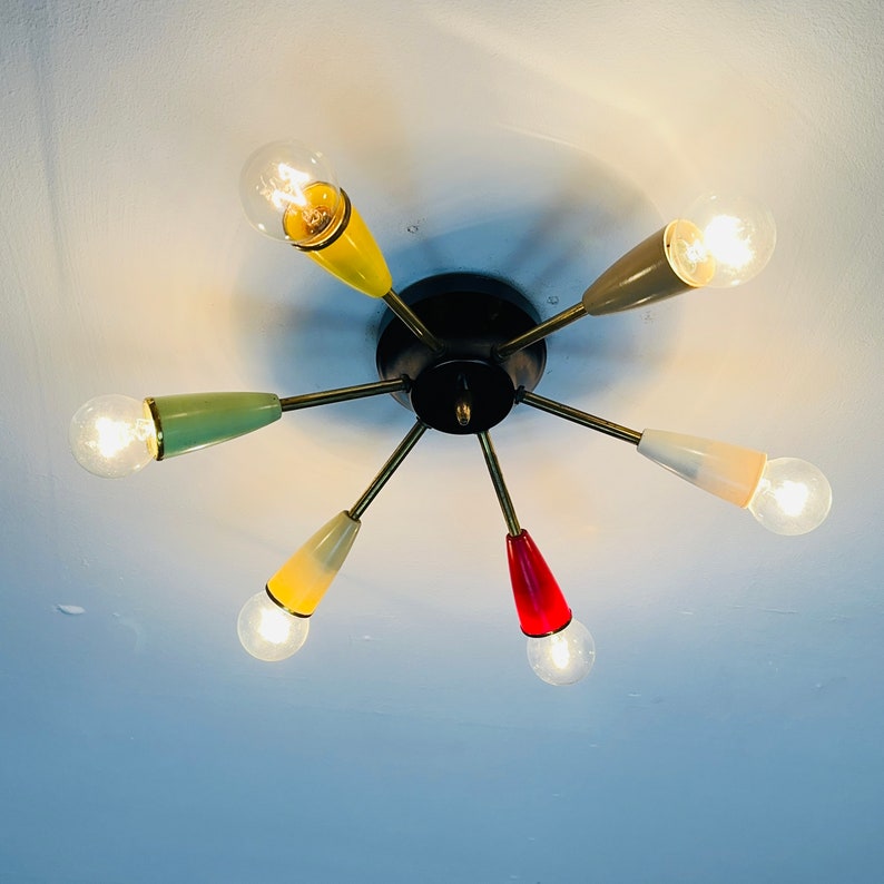 Mid century sputnikceiling lamp with 6 colored arms 1950s Bild 8