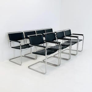 Set of 8 Bauhaus black leather iconic armchairs by mart Stam for Thonet 1980s