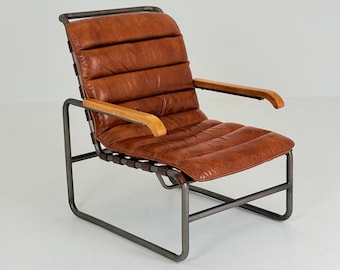 Fauteuil lounge tubulaire Bauhaus style milieu du XXe siècle, cuir cognac, Allemagne