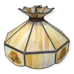 Vintage Stained Glass Hanging Lamp Shade Amber Floral Swirl 15&quot; Ceiling Light