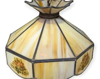 Lámpara colgante de vitral vintage con diseño floral en color ámbar de 15"