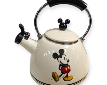 Disney Mickey Mouse Whistling Tea Kettle Cream Enamel Vintage Style Kitchenware