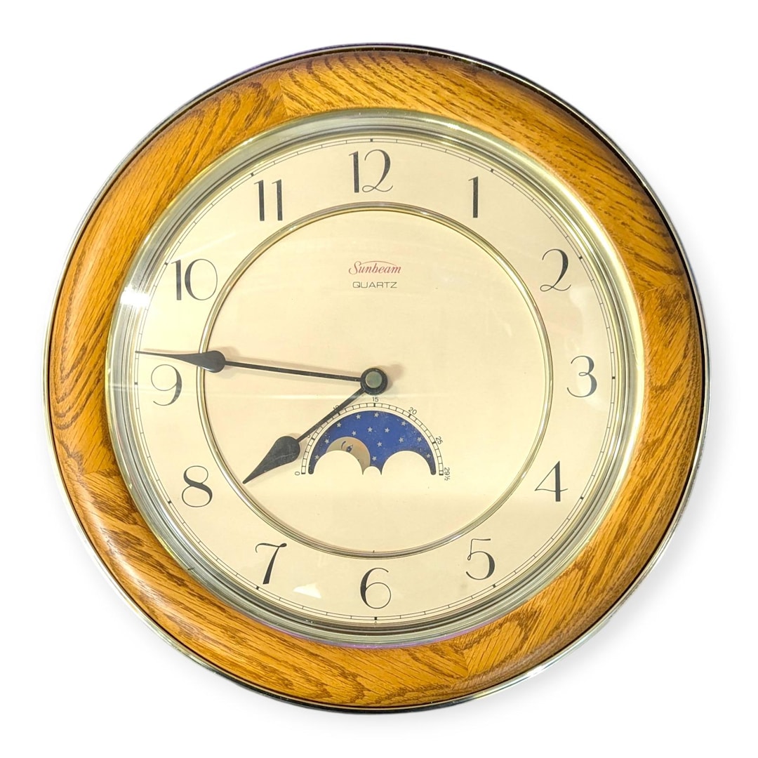 Sunbeam Quartz Wall Clock Moon Phase Wood Grain Gold Trim Model 882-118 ...