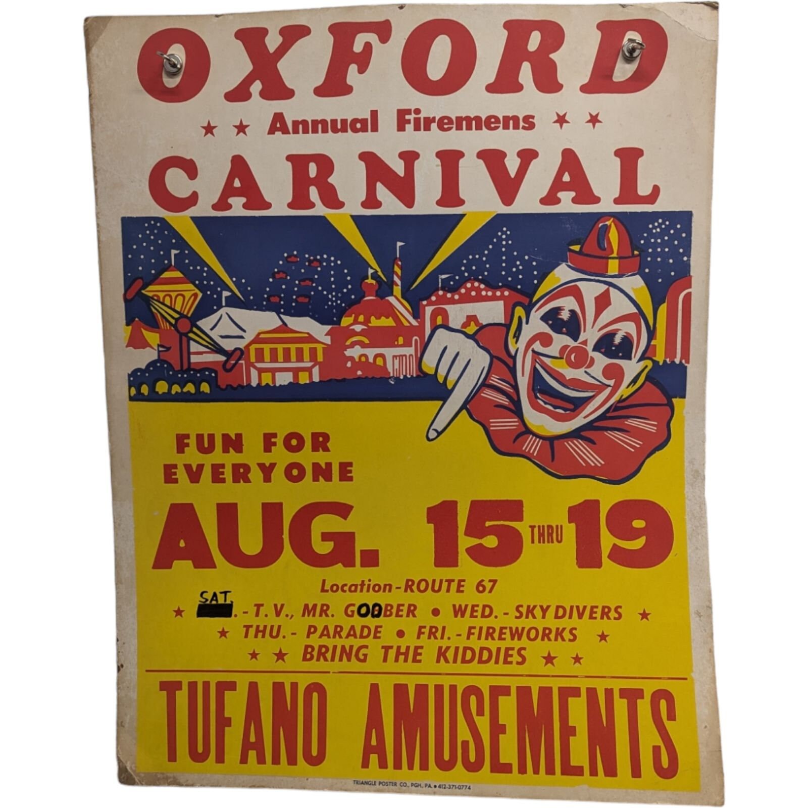 Vintage Oxford, CT Firemans Carnival Poster - 1970s - Triangle