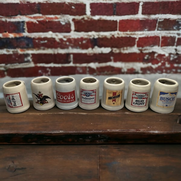 Vintage miniature beer stein-style shot glasses — Coors, Budweiser, Bud Light, Busch, Michelob