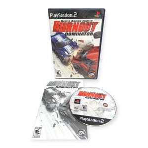 May include: A PlayStation 2 video game case for Burnout Dominator featuring a blue and red car collision on the cover, accompanied by the game manual and the game disc, both displaying the same racing graphic and the Electronic Arts logo.
