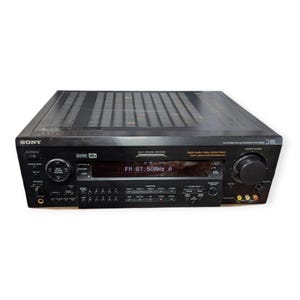 Pode incluir: Receptor estéreo FM Sony preto com um visor digital mostrando "FM 87.50MHz A". O receptor possui vários botões, botões e portas de entrada. A parte superior do receptor possui uma série de aberturas de ventilação horizontais.