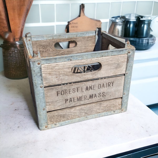 Vintage 1950s Wood & Iron Milk Crates - Forest Lake Dairy, Quality Milk Inc.