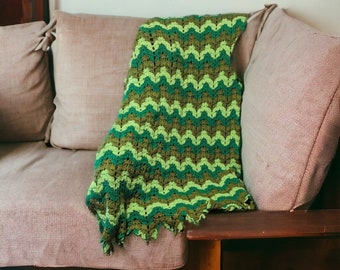 Handmade Green Wavey Pattern Crocheted Blanket/Shawl - 81"x32"