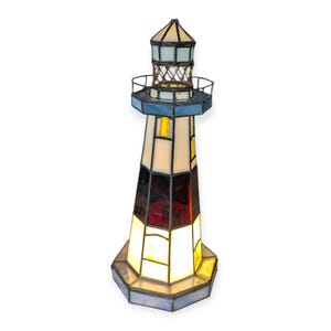 Stained Glass Lighthouse Accent Lamp Nautical Decor 10" Blue White EXCELLENT