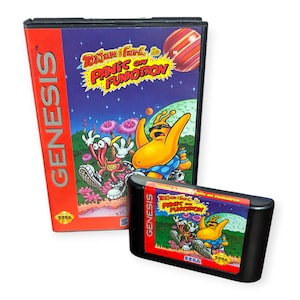 May include: A Sega Genesis video game cartridge and case for "ToeJam & Earl in Panic on Funkotron." The case is red and black with the word "GENESIS" in white. The game cartridge is black with a red label featuring the game's title and characters.