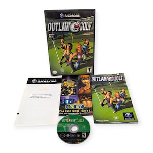 May include: A complete Nintendo GameCube game set for "Outlaw Golf". The set includes the game case, disc, instruction booklet, and promotional inserts. The game case features a golf course scene with multiple characters.