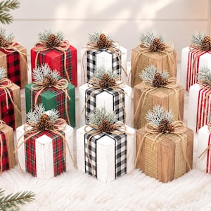 Set of 3 Wooden Christmas Gifts | Farmhouse Christmas Décor | Rustic Christmas Décor | Red Black Check Christmas | Distressed Wooden Gifts