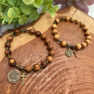 Bracelet -Wood Bead Rosary Bracelet, Catholic Gift, Catholic Jewelry, St Michael Medal, St Benedict Medal, Men's Stretch Bracelet, 8mm Beads