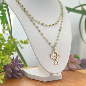 Necklace - Celtic Cross - Polished Bronze Cross, Emerald Rosary Chain, St. Patricks Day, Catholic Jewelry, Catholic Gifts