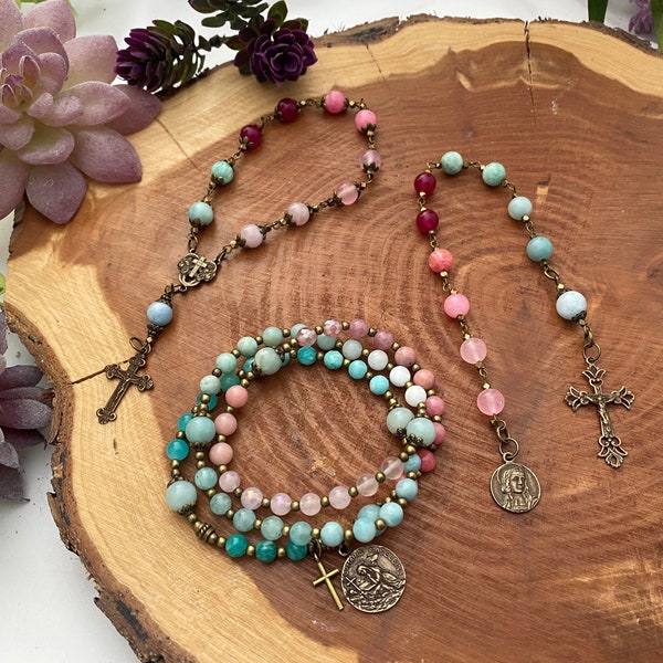 Collection - Mary Magdalene Medal, Stretch Wrap Rosary, Chaplet, Bracelet, Catholic Gifts, Gemstone Jewelry, Catholic Gifts, Rosary Bracelet