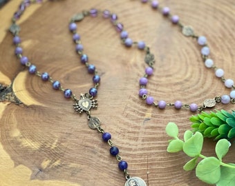 Rosary - Seven Sorrows - Purple Ombre Gemstones, Bronze Medals, Bronze Crucifix, Catholic Gift, Sorrowful Mother